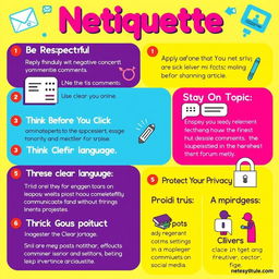 A colorful and engaging poster design that outlines netiquette rules, featuring each rule in bold text with an illustrative example of how to apply it in everyday life
