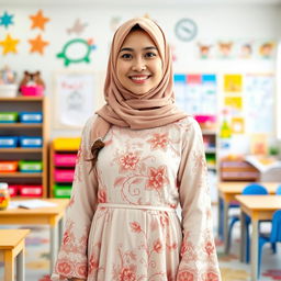 A full-length portrait of a female kindergarten teacher dressed in an elegant Islamic dress