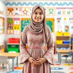 A full-length portrait of a female kindergarten teacher dressed in an elegant Islamic dress