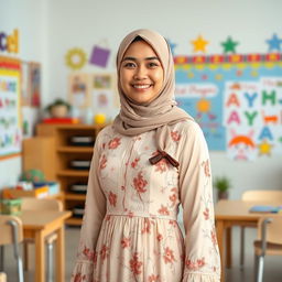 A full-length portrait of a female kindergarten teacher dressed in an elegant Islamic dress