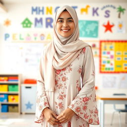 A full-length portrait of a female kindergarten teacher dressed in an elegant Islamic dress