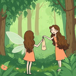 A simple and minimalist comic-style illustration set in a lush green forest