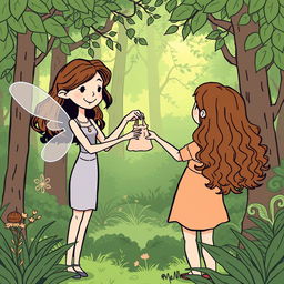 A simple and minimalist comic-style illustration set in a lush green forest