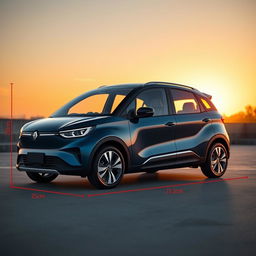 A modern four-seater car designed with dimensions measuring 250cm in length, 120cm in height, 132cm in width, and a ground clearance of 17cm