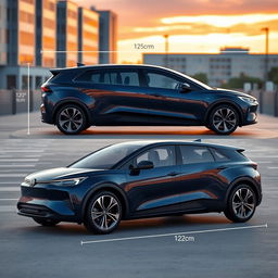 A modern four-seater car designed with dimensions measuring 250cm in length, 120cm in height, 132cm in width, and a ground clearance of 17cm