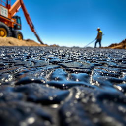 A close-up view of a shiny, liquid bitumen surface glistening in the sunlight, with intricate patterns formed by the uneven textures