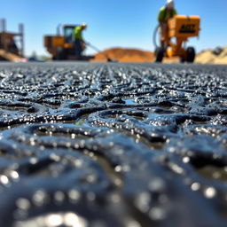 A close-up view of a shiny, liquid bitumen surface glistening in the sunlight, with intricate patterns formed by the uneven textures