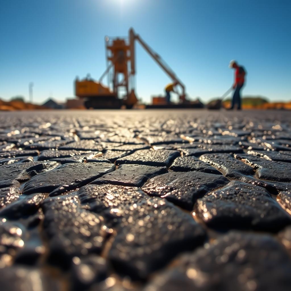A close-up view of a shiny, liquid bitumen surface glistening in the sunlight, with intricate patterns formed by the uneven textures