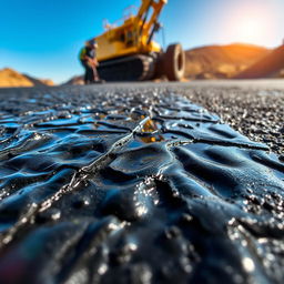 A close-up view of a shiny, liquid bitumen surface glistening in the sunlight, with intricate patterns formed by the uneven textures