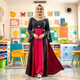 A full-length portrait of a female kindergarten teacher in a stylish Islamic dress, complete with elegant design and vibrant colors that reflect a warm and friendly atmosphere