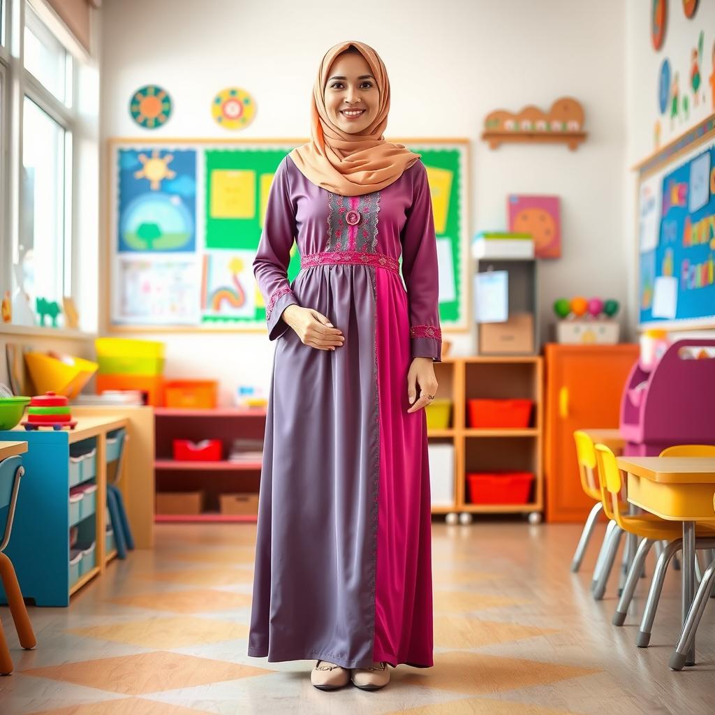 A full-length portrait of a female kindergarten teacher in a stylish Islamic dress, complete with elegant design and vibrant colors that reflect a warm and friendly atmosphere