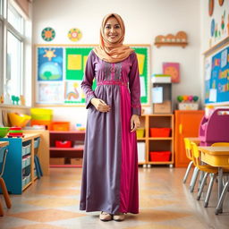 A full-length portrait of a female kindergarten teacher in a stylish Islamic dress, complete with elegant design and vibrant colors that reflect a warm and friendly atmosphere