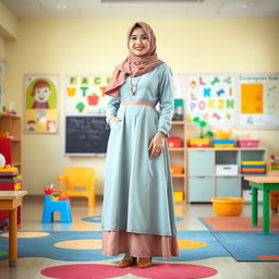 A full-length portrait of a female kindergarten teacher in a stylish Islamic dress, complete with elegant design and vibrant colors that reflect a warm and friendly atmosphere