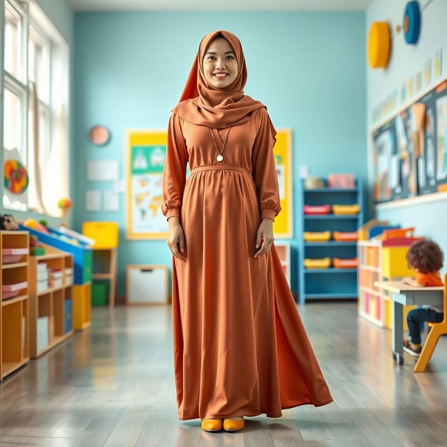 A full-length portrait of a female kindergarten teacher in a stylish Islamic dress, complete with elegant design and vibrant colors that reflect a warm and friendly atmosphere