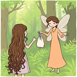 A simple and minimalist comic-style illustration set in a vibrant green forest
