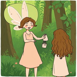 A simple and minimalist comic-style illustration set in a vibrant green forest