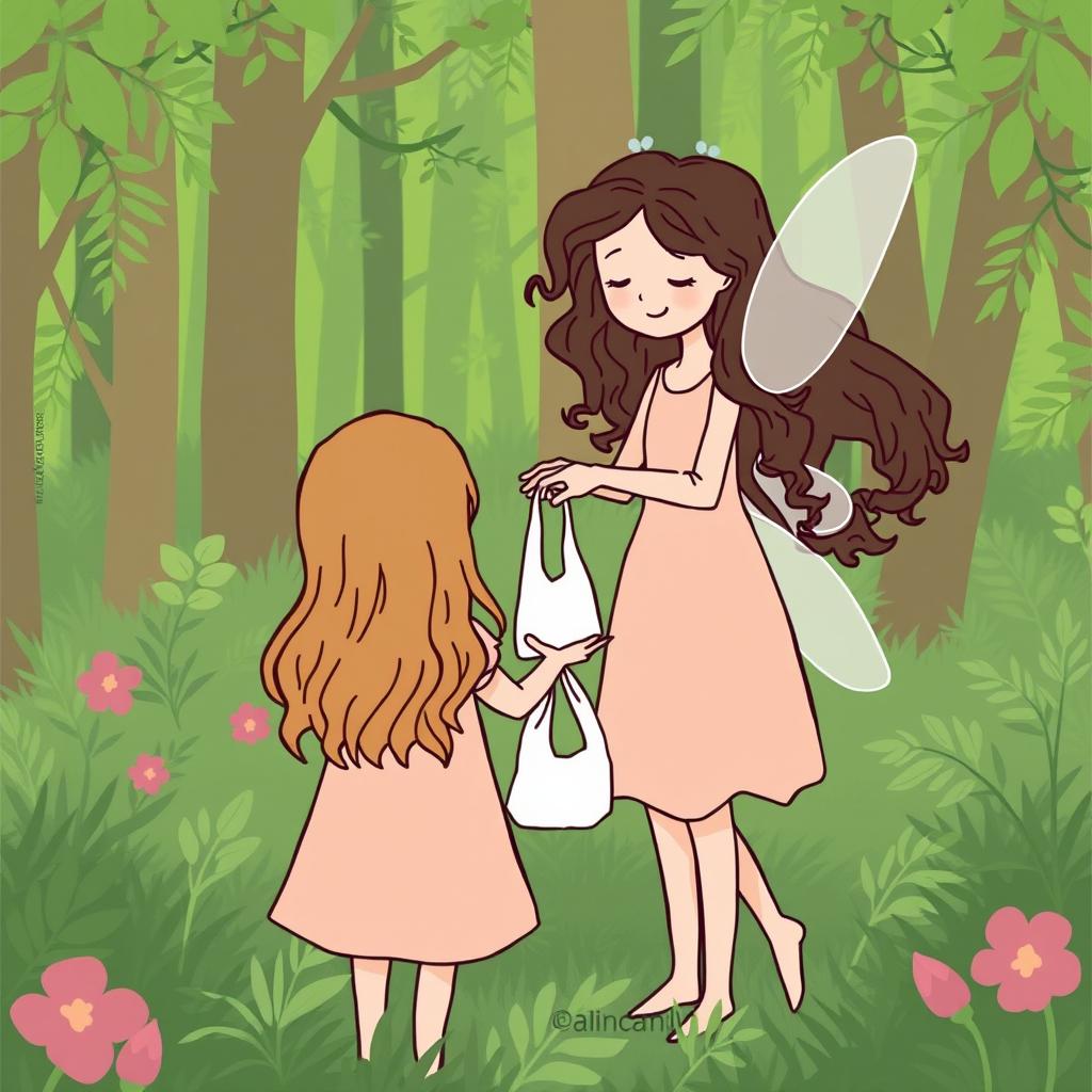 A simple and minimalist comic-style illustration set in a vibrant green forest