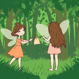 A simple and minimalist comic-style illustration set in a vibrant green forest