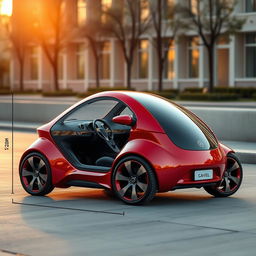 A compact two-seater car designed with dimensions of 170cm in length, 120cm in height, 132cm in width, and a ground clearance of 17cm