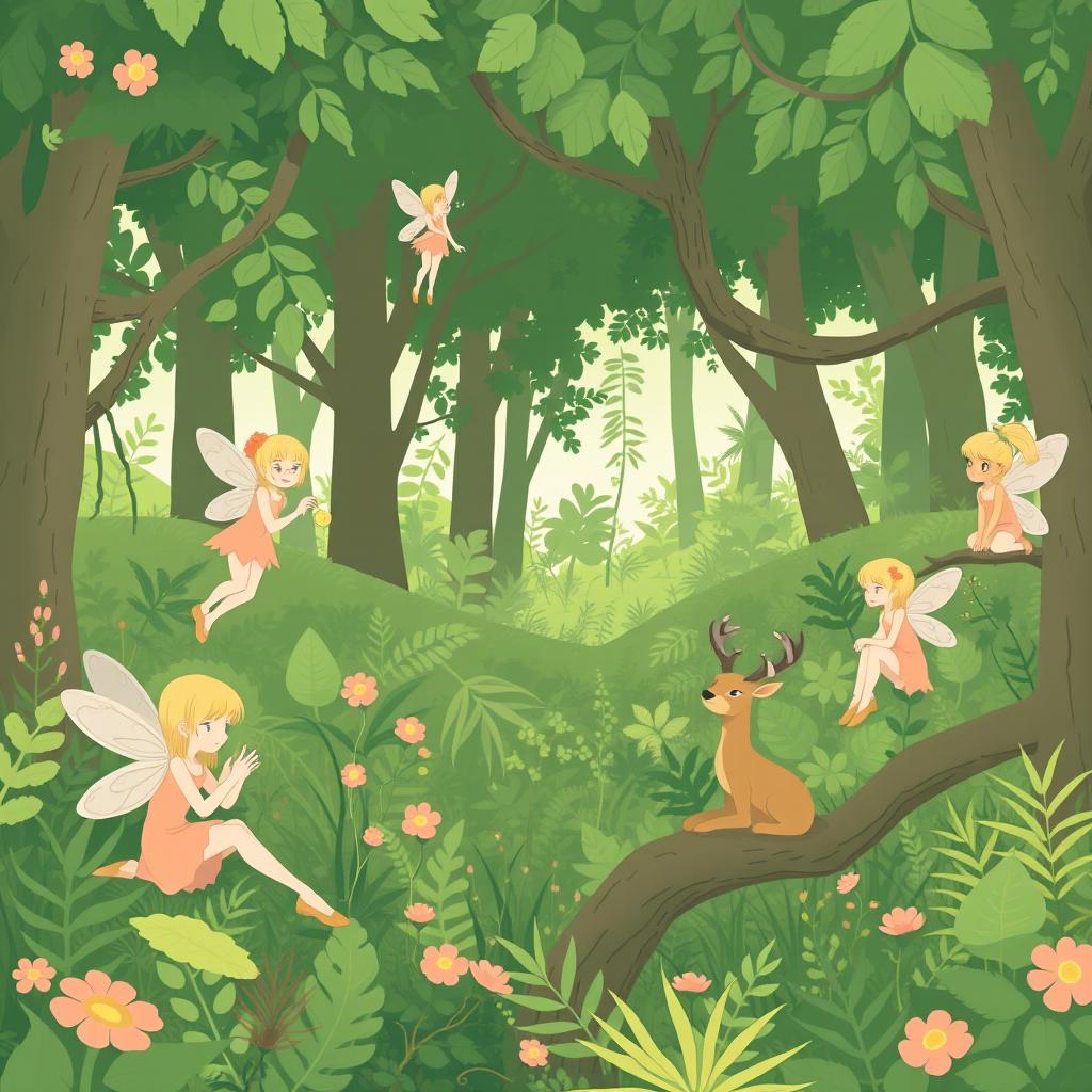 A lush green forest filled with vibrant plants and trees, featuring four fairies engaged in different activities