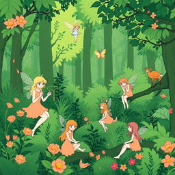 A lush green forest filled with vibrant plants and trees, featuring four fairies engaged in different activities