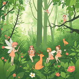 A lush green forest filled with vibrant plants and trees, featuring four fairies engaged in different activities