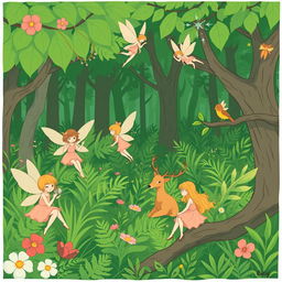 A lush green forest filled with vibrant plants and trees, featuring four fairies engaged in different activities