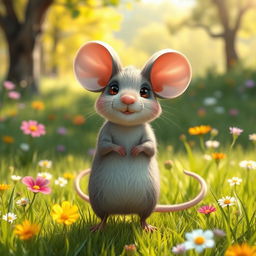 A cute and whimsical mouse standing on its hind legs, with oversized ears and a small, twitching nose