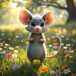 A cute and whimsical mouse standing on its hind legs, with oversized ears and a small, twitching nose