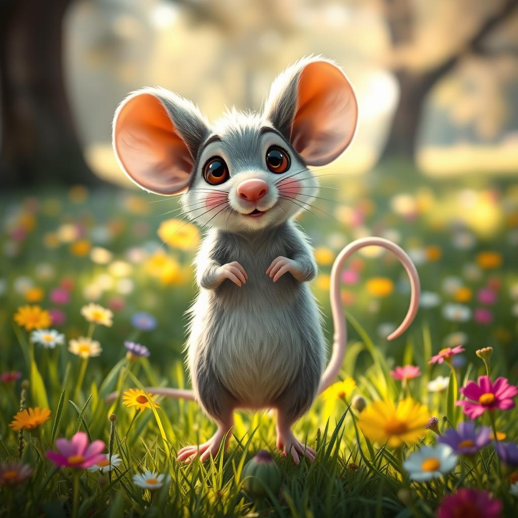 A cute and whimsical mouse standing on its hind legs, with oversized ears and a small, twitching nose