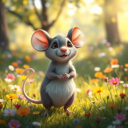 A cute and whimsical mouse standing on its hind legs, with oversized ears and a small, twitching nose