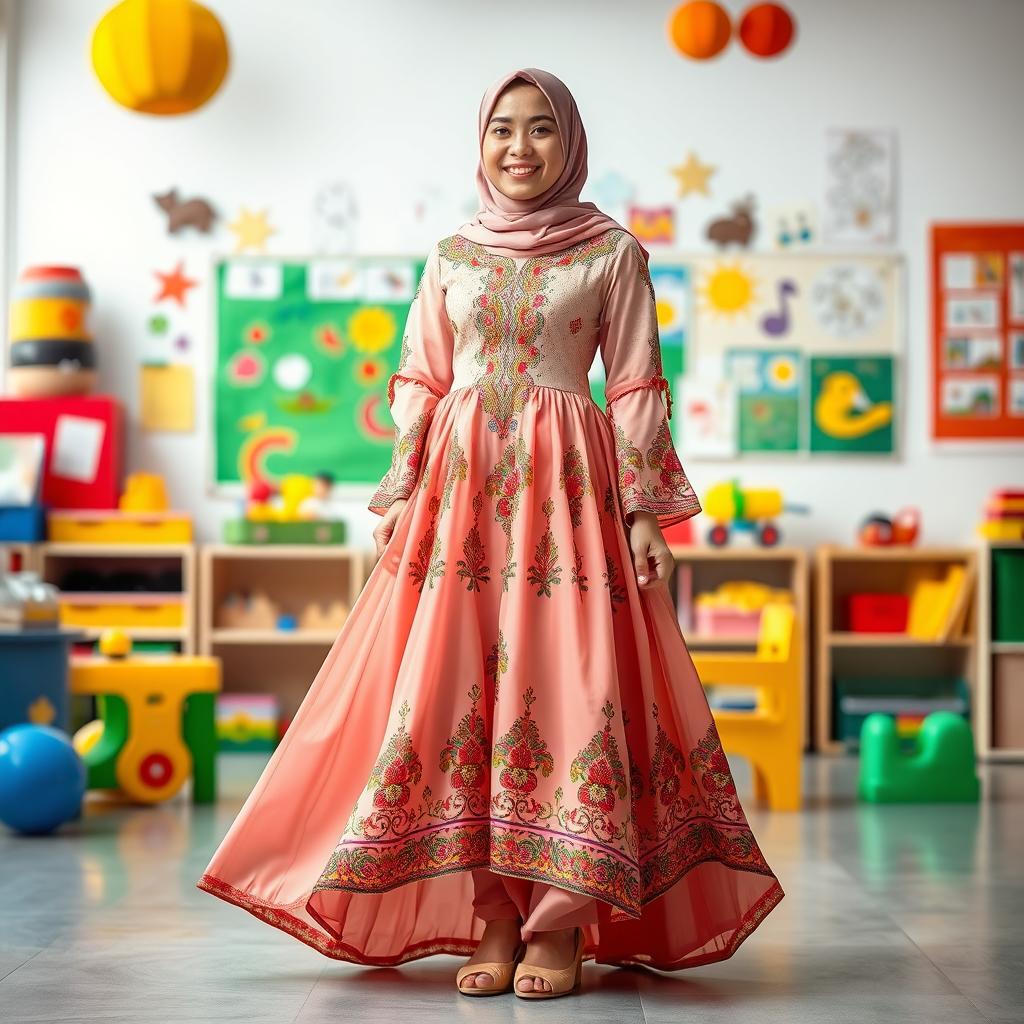 A full-length portrait of a female kindergarten teacher in a stunning Islamic dress, featuring intricate embroidery and a blend of vibrant colors that exude elegance