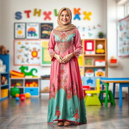A full-length portrait of a female kindergarten teacher in a stunning Islamic dress, featuring intricate embroidery and a blend of vibrant colors that exude elegance