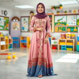 A full-length portrait of a female kindergarten teacher in a stunning Islamic dress, featuring intricate embroidery and a blend of vibrant colors that exude elegance