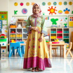 A full-length portrait of a female kindergarten teacher in a stunning Islamic dress, featuring intricate embroidery and a blend of vibrant colors that exude elegance