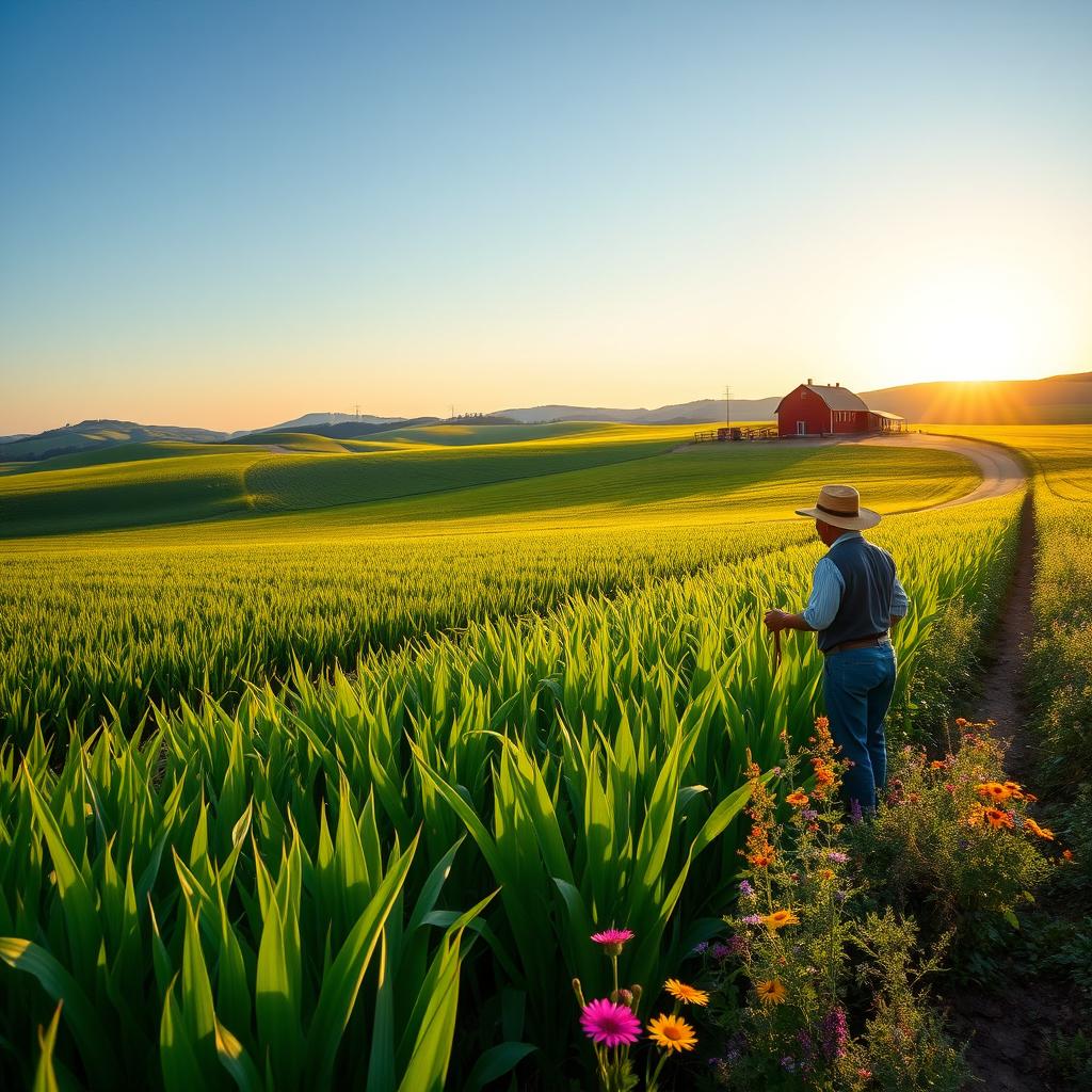 A picturesque rural landscape showcasing a vast expanse of farmland with lush green crops swaying gently in the breeze under a bright blue sky