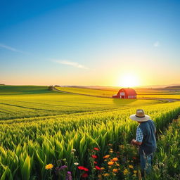 A picturesque rural landscape showcasing a vast expanse of farmland with lush green crops swaying gently in the breeze under a bright blue sky