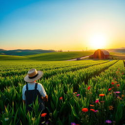 A picturesque rural landscape showcasing a vast expanse of farmland with lush green crops swaying gently in the breeze under a bright blue sky