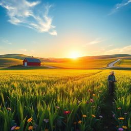 A picturesque rural landscape showcasing a vast expanse of farmland with lush green crops swaying gently in the breeze under a bright blue sky