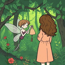 In a vibrant green forest, a fairy is crafting a necklace while handing a fabric bag to a girl with long, curly brown hair