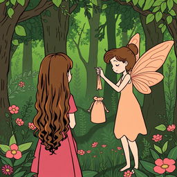 In a vibrant green forest, a fairy is crafting a necklace while handing a fabric bag to a girl with long, curly brown hair