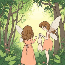 In a vibrant green forest, a fairy is crafting a necklace while handing a fabric bag to a girl with long, curly brown hair