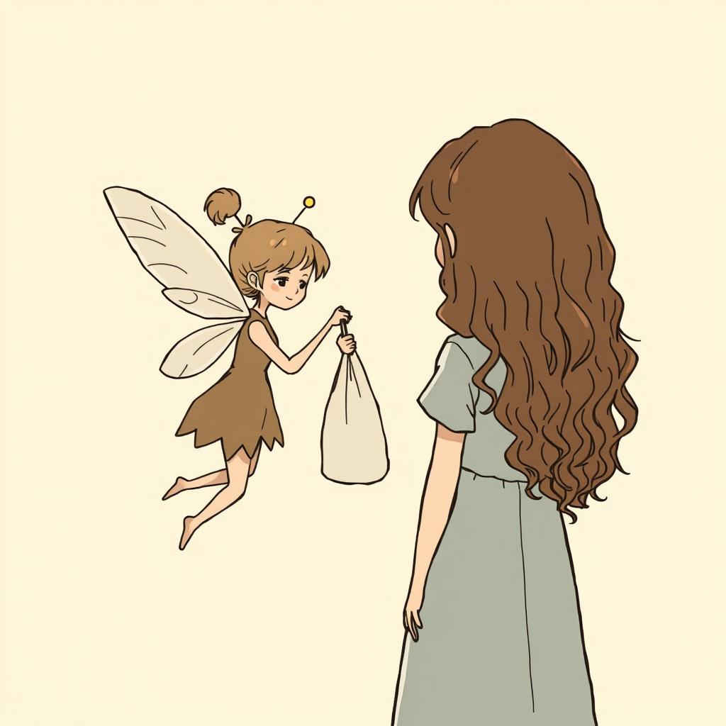 A fairy is depicted in the act of handing a fabric bag to a girl with long, curly brown hair, who is facing away from us, creating an air of intrigue