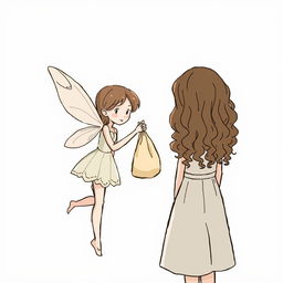A fairy is depicted in the act of handing a fabric bag to a girl with long, curly brown hair, who is facing away from us, creating an air of intrigue