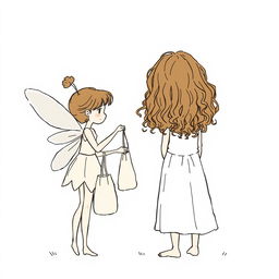A fairy is depicted in the act of handing a fabric bag to a girl with long, curly brown hair, who is facing away from us, creating an air of intrigue