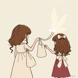 A fairy is depicted in the act of handing a fabric bag to a girl with long, curly brown hair, who is facing away from us, creating an air of intrigue