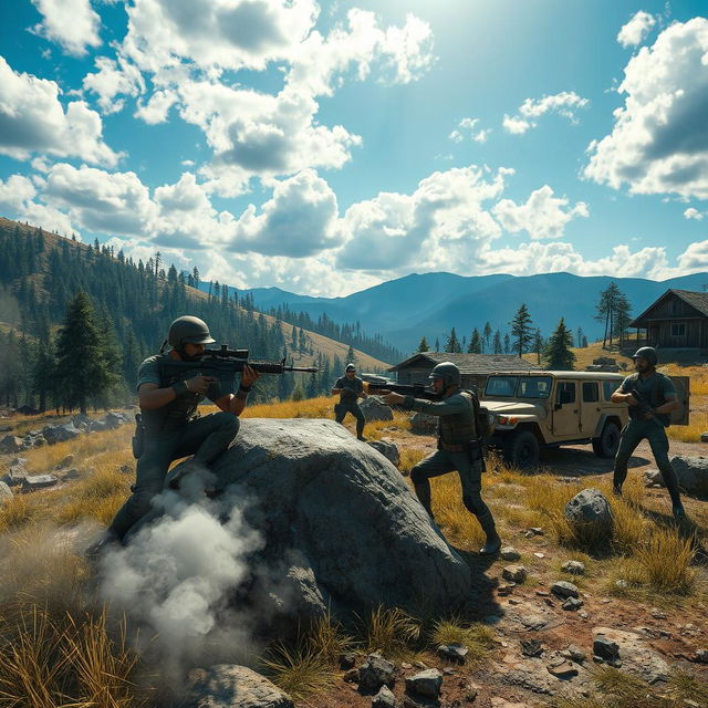 A detailed and immersive scene set in the world of PUBG (PlayerUnknown's Battlegrounds), featuring a vast, expansive battlefield landscape with dense forests, rocky hills, and scattered ruins