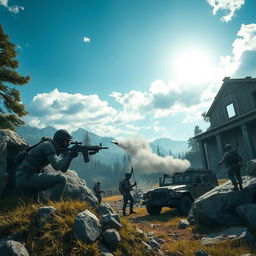 A detailed and immersive scene set in the world of PUBG (PlayerUnknown's Battlegrounds), featuring a vast, expansive battlefield landscape with dense forests, rocky hills, and scattered ruins