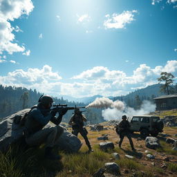 A detailed and immersive scene set in the world of PUBG (PlayerUnknown's Battlegrounds), featuring a vast, expansive battlefield landscape with dense forests, rocky hills, and scattered ruins