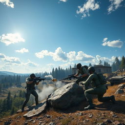 A detailed and immersive scene set in the world of PUBG (PlayerUnknown's Battlegrounds), featuring a vast, expansive battlefield landscape with dense forests, rocky hills, and scattered ruins